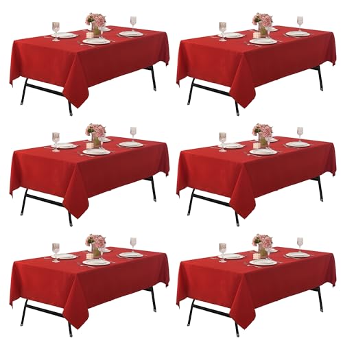 Image of 6-Pack 60x120 inch Red Table Cloths, Solid Stain and Wrinkle Resistant Oblong Tablecloth, Premium Plain Weave Polyester Fabric Rectangle Table Linen Covers for Hotel, Wedding