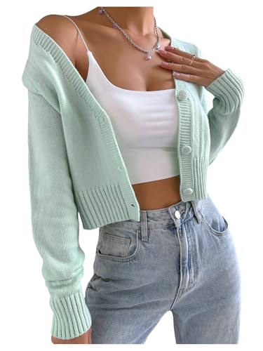 GORGLITTER Women's Long Sleeve Button Up Cropped Cardigan Fall Sweaters Open Front Y2k Knit Top