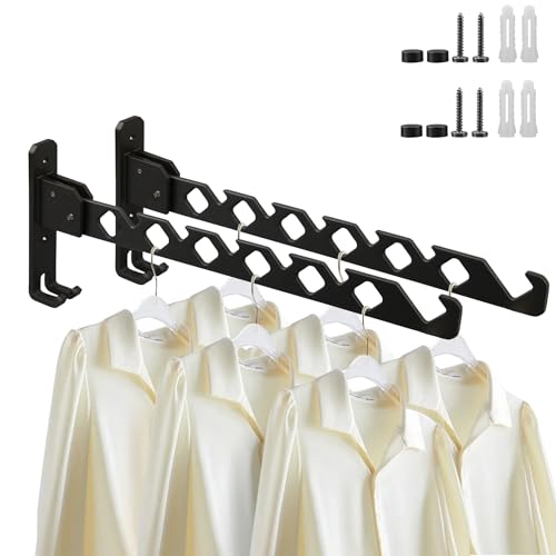 Lxoraziy 2 Pieces Foldable Wall Mounted Clothes Hanger, Aluminum Wall Mounted Drying Rack, Small Wall Clothes Airer, for Bathroom Bedroom Hotel(Black)