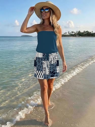 Image of SAUKOLE Summer Dress for Women Strapless Beach Cover Ups Boho Sundress Mini Dress Drawstring Waist with Pockets