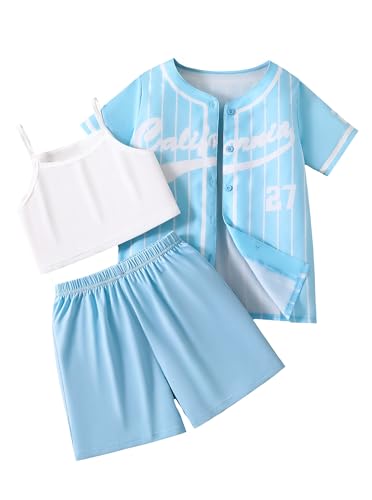 Image of Hilinker Girls Graphic 3 Piece Outfits Short Sleeve Striped Cardigan and Crop Cami with Shorts Set
