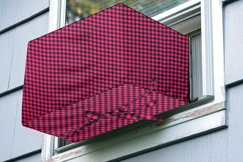 Image of The Furnishing Tree Elastic fit waterproof Polyester window ac cover suitable for Croma 1.5 Ton, Dustproof cover for inner and outer section, In CM: (62.23x66.04x43.18), Checkered Pattern Maroon
