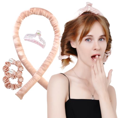 Heatless Hair Curler, Heatless Curls Overnight Curling Set Satin Hair Rollers Curler No Heat Curls Hair Curler Overnight Satin Curling Set Hair Curlers Sleep in Kit with Hair Claw Clip Scrunchies Pink