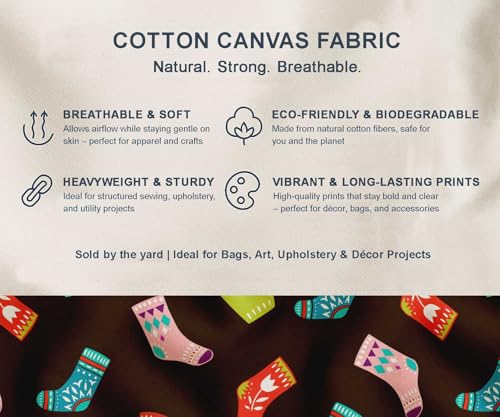 Image of Soimoi Brown Cotton Canvas Fabric Socks & Gloves Folk Art Print Fabric by the Meter 56 Inch Wide