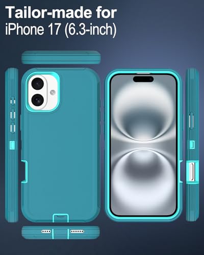 Image of for iPhone 17 Case with Port Cover, Rubber Matte Finish, Teal | 3-Layer Heavy Duty Armor, 16ft Drop Protection, Non-Slip Shockproof & Anti-Fingerprint