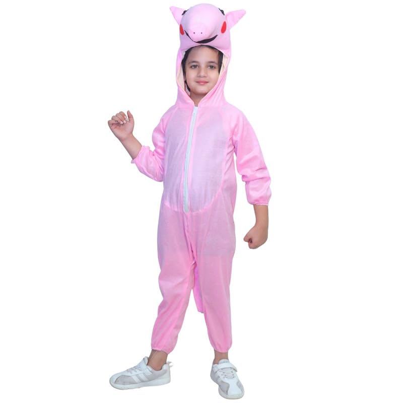 Image of Kaku Fancy Dresses Cartoon Character Pig Fancy Dress Costume for Kids | Animal Jumpsuit with Hood |Pink Theme Outfit for School Functions, Birthday Parties & Stage Performances - 7 To 8 Y