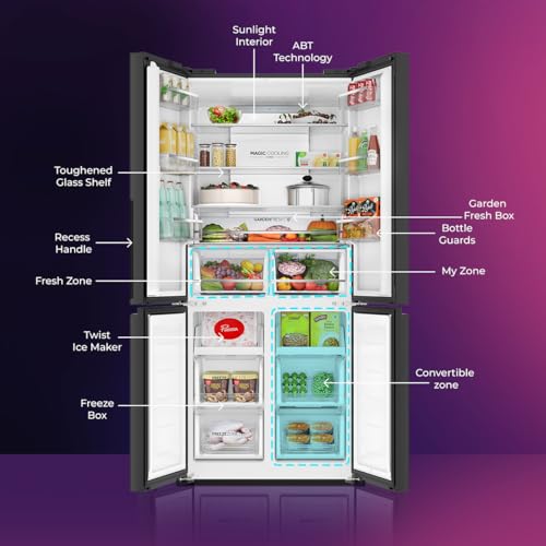 Image of Haier 520L 3Star Lumiere French Door 4-Door Side by Side Frost Free Refrigerator|Convertible|Wi-Fi|Inverter|Colourful Display Panel|My zone|Sun Lit Interior (HRB-600MGU1, Mirror Glass)