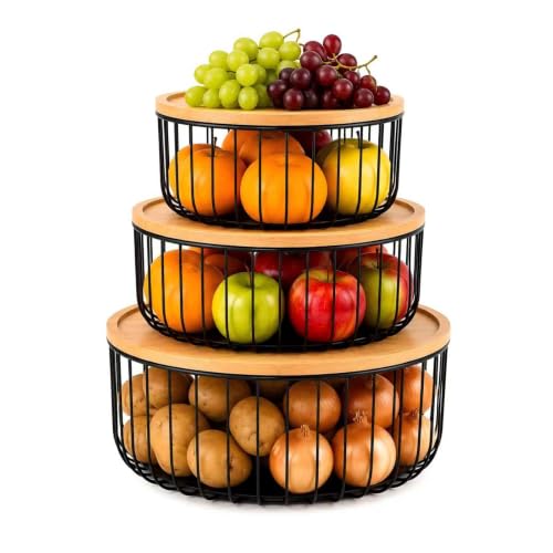 Stackable Fruit Basket for Kitchen Counter 3-Piece Mesh Fruit Basket Set with Bamboo Lids Large Decorative Produce & Vegetable Storage Organizer for Countertop