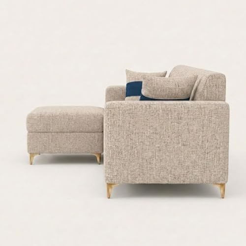 Image of FURNY Signature Regalia 4-Seater L-Shape Sofa Set with Movable Ottoman | Flexible LHS /RHS Layout | Boucle Weave Fabric | 40D Foam + Zigzag Spring | 3-Yr Warranty (Sandstone Beige)