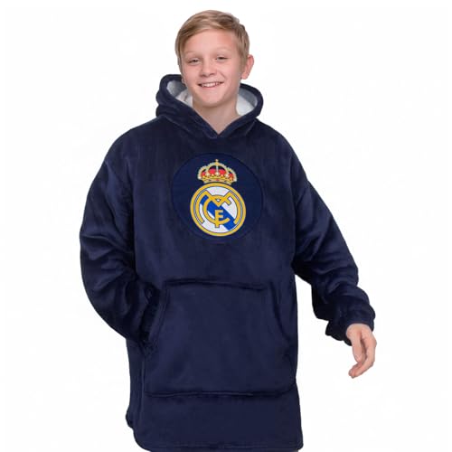 Real Madrid Kids Oversized Hoodie Blanket - Official Football Gift, Navy, Size 10-14 Years