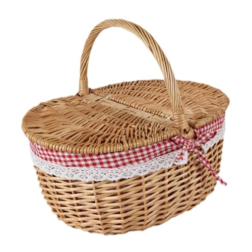 perfk Cesta de Mimbre para Picnic, Cesta de Almacenamiento con Tapa y asa, contenedor rústico, Cesta Tejida de Mimbre para Exteriores, Fiestas en la Playa, Rojo, pequeño