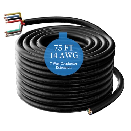14 Gauge 75 FT 7 Way Trailer Wire Pure Copper Heavy Duty 7 Pin Trailer Wiring Harness Round 7 Wire Trailer Cable 75 FT 14 AWG 7 Conductor Trailer Cord for Rv Camper Truck