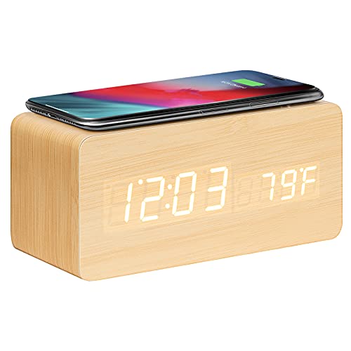 Product Image of the VIVOSUN Wooden Alarm Clock with Wireless Charging, Sound Control, Time, Date, Temperature Display, Adjustable LED Backlight Brightness for Office and Bedroom