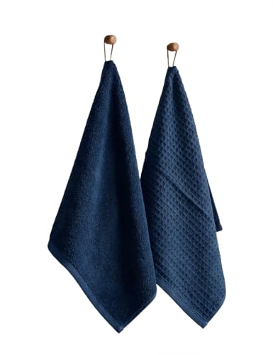 Image of DAMENSCH Unisex Premium Bamboo Blend, Ultra-Soft, Absorbent, Dual Waffle and Terry Texture Waffle Hand Towel - Ocean Blue - Pack of 2
