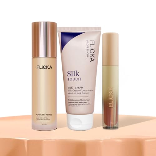 Image of FLiCKA Ultimate Glow Bundle Combo | Flawless Femme Liquid Foundation (Coffee-08) | Silk Touch 3 in 1 Face Primer | R U Ready Liquid Lipstick