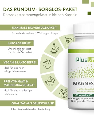 PlusVive Magnesium Kapseln hochdosiert I 1x 365 Kapseln I 700mg Magnesium Hydroxid pro Kapsel I Magnesium aus Meerwasser I mit Papain & Spirulina I Nahrungsergänzungsmittel vegan & laborgeprüft