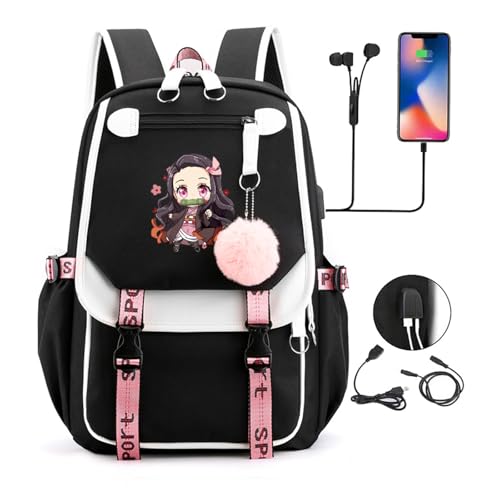 Suteke Mochila anime para laptop, mochila feminina universitária, com porta USB, resistente à água,