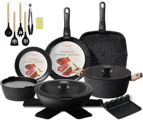 23Pcs Ceramic Cookware Set Non Stick Pots and Pans Set Non Toxic with Detachable Handle Induction Kitchen Cookware Set Space Saving, Oven & Dishwasher Safe, Black