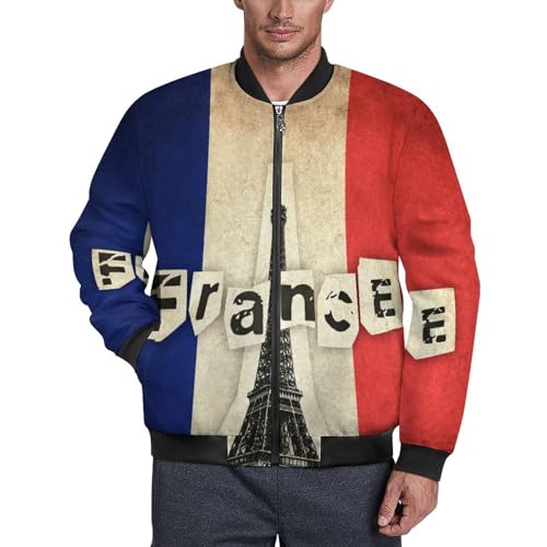 France Flag with Eiffel Tower Men's Cotton Lightweight Jackets Relaxed Fit Bomber Jacket Windbreaker Coat
