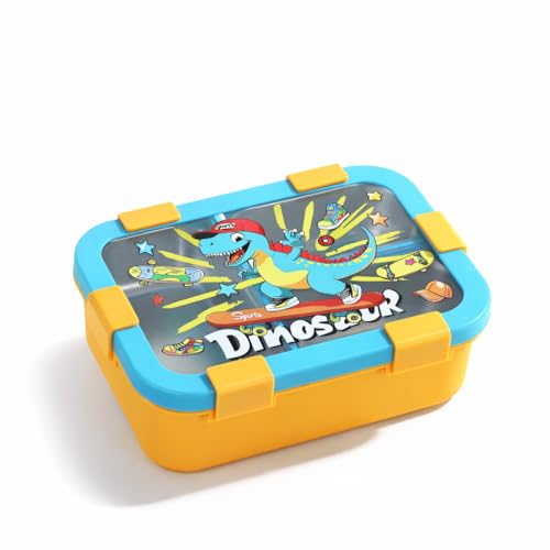 Image of Kids Lunch Box with 3 Divided Compartments | 700ml Dinosaur Stainless Steel Bento Box for School | BPA-Free Plastic Tiffin Box with Locking Clips (Yellow