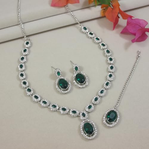 Image of I Jewels Silver Plated Stylish Design Crystal Diamond Necklace With Earrings & Maang Tikka Jewellery Set for Women
