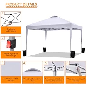 BONTEC 10x10ft Pop Up Canopy Tent Portable Beach Tent and Instant Shelter 1 Person Setup Outdoor Sun Shade Waterproof Folding Gazebo with Roller Bag and 4 Weight Bags Silver Coated Top White