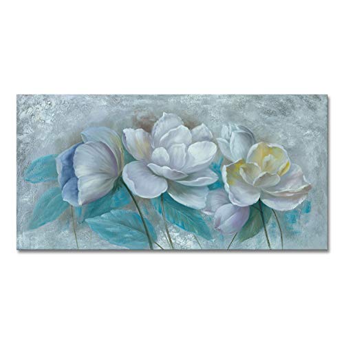 Hand Painted Oil Painting White Flowers Canvas Wall Art Modern Blue Lily Poppy Picture Framed Home Decor for Living Room 24x48