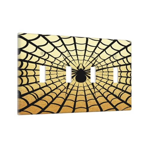 Decorative Switch Plate Covers Black Spider Spiderweb on Golden Background 4 Gang Light Switch Cover Plate Quad Toggle Wall Plate Light Switch Covers for Bedroom Home Decor