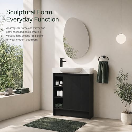 Image of 30 inch Freestanding Bathroom Vanity with Integrated Ceramic Sink, Floor Mount Bathroom Cabinet with 3 Open Shelves & Soft Close Door, Modern Small Bath Vanity Set, Easy to Clean, Dark Oak