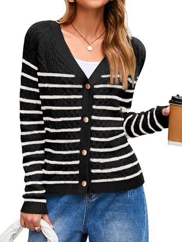 Glamaker Womens Striped Cardigan Sweaters Long Sleeve Button Open Front Knit Cardigans Lightweight Fall Sweater Trendy 2025