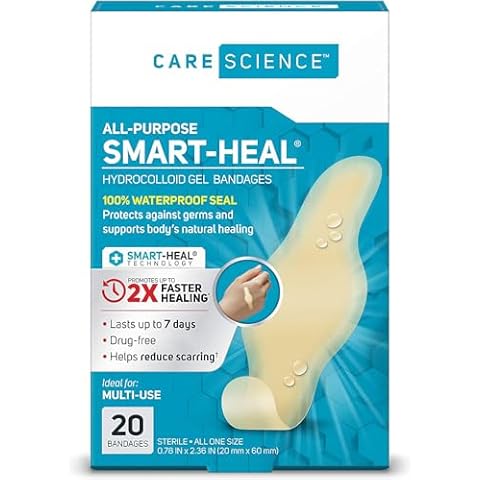 Care Science Fast Healing All-Purpose Hydrocolloid Gel Bandages, 20 ct | 100% Waterproof Seal, Reduces Scarring, for Wound Care or Blisters Cover