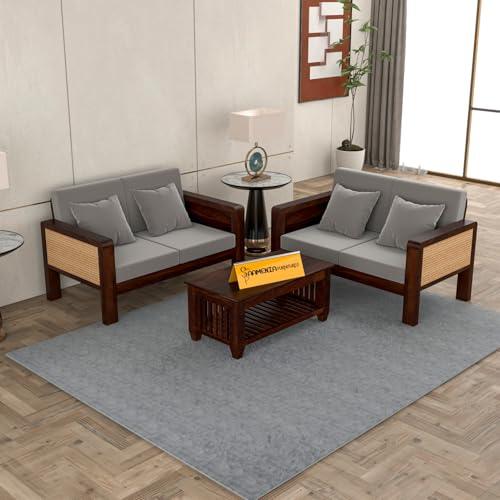 Image of Sheesham Wooden 4 Seater Sofa for Living Room | Solid Wood Sofa with Cane Side Panel | Rosewood Sofa Set for Home & Office | Lounge (Walnut Finish, 4 Seater)