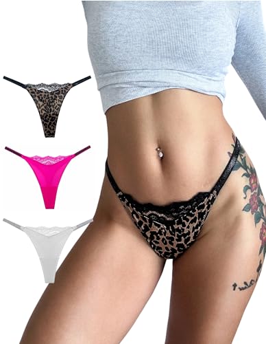 LuvNaja Lace Thongs for Women with Rhinestone Strap,Sexy Underwear,Seamless G-string,Breathable Panties (US, Alpha, Medium, Regular, Regular, 1, 02-3Pack-Leopard Print+Neon Pink+White)