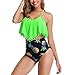 HZMM Costume da bagno con stampa effetto avvolgente, con volant e nappe, da donna, in due pezzi, con parte superiore bikini, costume da bagno in due pezzi, verde, S