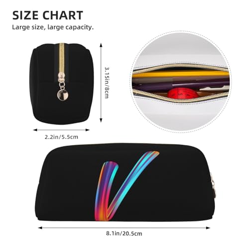 Image of Cute Initial Pencil Case for Kids Simple Leather Pencil Pouch for Boys Girls Letter Design Pencil Box Pen Bag Pencil Pouch Office Stationery Organizer, Rainbow Letter V