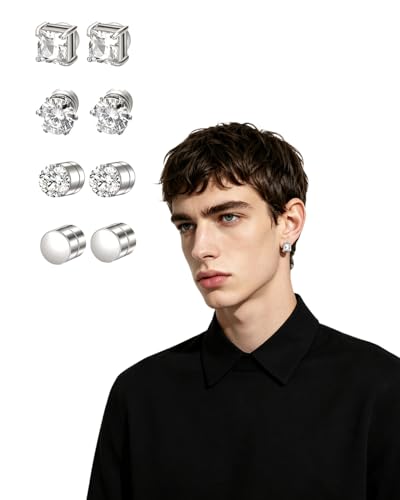 C EYVRPAU Orecchini Uomo Magnetici 4 Paia, Finti Senza Buco Calamita, per Look da Piercing, Set di 4 Stili Assortiti. Ideali per uno Stile Audace e Senza Impegno Permanente.