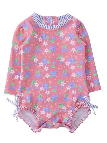 Image of RuffleButts Baby Girls UPF 50+ Sun Protection Floral Printed Long Sleeve One Piece Rash Guard Swimsuit with Zipper
