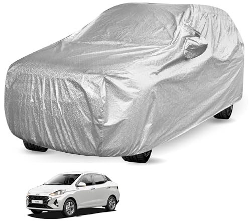Image of Auto Hub Waterproof Car Cover Compatible with Hyundai Aura with Mirror Pocket, Soft Cotton Lining, Waterproof Aura Car Cover- Metallic Silver