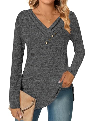 DUOEASE Pullover Damen V-Ausschnitt Elegant Tunika Herbst Winter Basic Oberteile(Schwarz L)