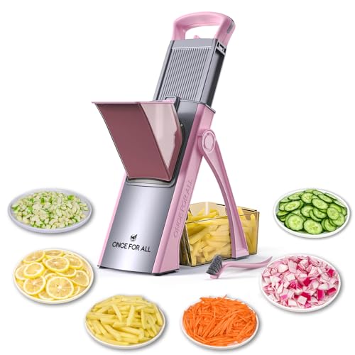 ONCE FOR ALL Upgrade Safe Mandoline Slicer Plus, Adjustable Vegetable Food Chopper Potato Fries French Fry Cutter, Detachable Blade, Kitchen Chopping Artifact, New Kitchen Gift (Pink)