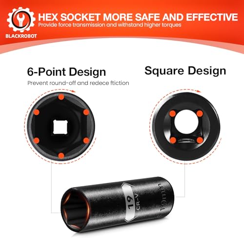 Image of BLACKROBOT 1 /2 Inch Drive 6-Point Deep Socket, 19mm Deep Impact Socket, CR-V Steel