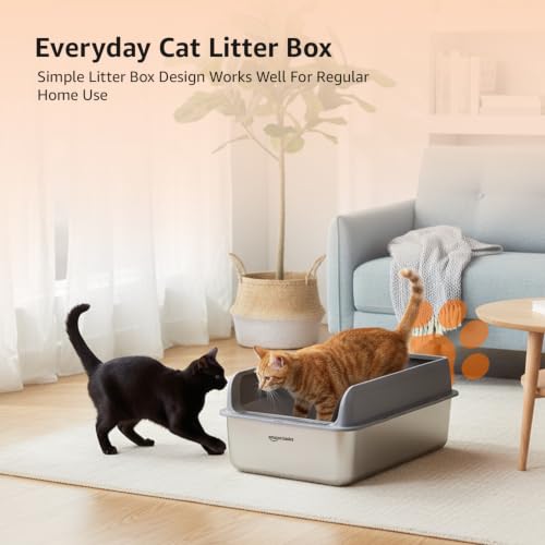 Image of Amazon Basics Stainless Steel CAT Litter Box with Elevated Anti-Splash PP Guard Gray Open-TOP Easy-Clean Litter Tray for Cats 60.0 (L) x 37.8 (W) x 24.4 (H) CM