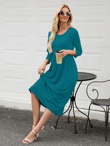 Image of Heymoments Women's Casual 3 /4 Sleeve Midi Dress Crewneck A Line Tiered Flowy Loose Travel Long Dresses with Pockets