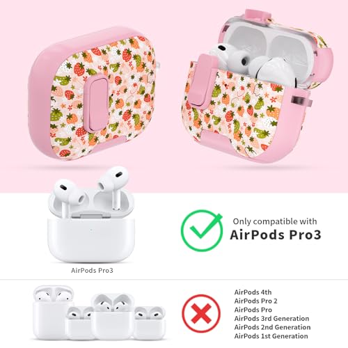 Image of for AirPods Pro 3 Case with Lock & Phone Stand,Cute Floral Pattern Style | PC & TPU Dual Layer Protective Cover with Keychain & Cleaner Pen for Apple AirPod Pro 3rd Generation Women (Strawberry)