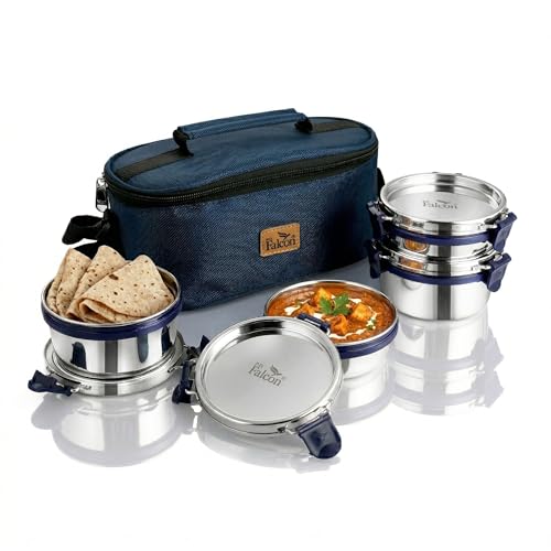 Image of PDDFALCON Stainless Steel EcoNxt Tulip Lunch Box Set of 4 containers with Insulated Bag, BIS Certified, Food Grade, Jindal Seal & Made in India (Navy Blue - 1000ml)