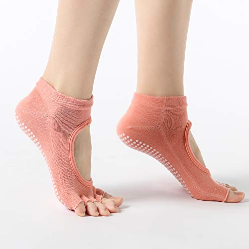Image of 2 Pairs Toeless Yoga Socks Non-Slip Grips for Pilates Ballet Dance Barefoot Workout Cotton Open Toe Sports Socks