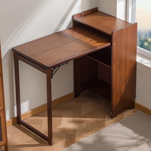 HSPLXYT Bamboo Folding Desk with Bookshelf Foldable Desks Computer Desk Study Table Modern Bookcase with Drop Down Table Hide Away Desks for Home Bedroom Study Office