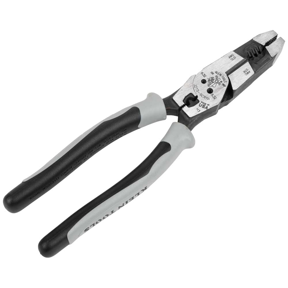 Klein Tools J2159CRTP Alicates de corte lateral, fabricados en Estados Unidos, alicates híbridos Journeyman de alto apalancamiento de 9 pulgadas con crimpadora, extractor de cinta de pescado y