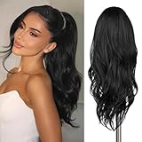 WIGER Drawstring Ponytail 26 Inch Black Wavy Ponytail Extension 2-in-1 Styling Wavy Layered Pony Tails for Women Soft Natural Synthetic Hairpiece for Daily Party