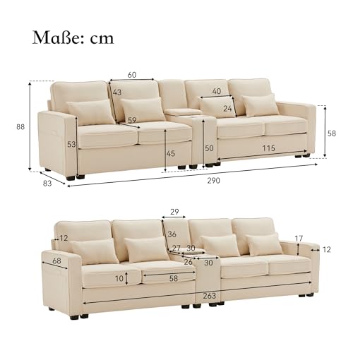 SOFTWEARY Big-Sofa mit Zwischentisch, Getränkehaltern und USB-Anschlüssen, inkl. Loser Zier- und Rückenkissen, Leinen Bezug (beige mit Zwischentisch)